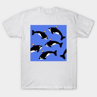 Gay pride rainbow orca killer whale. Seamless pattern on blue water background. T-Shirt